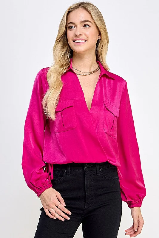 Magenta Long Sleeve Surplice Collar Top With Pocket